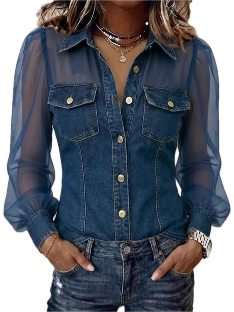 Chemisier élégant décontracté en mousseline imitation jean à col en V et manches longues pour femme – Nouvelle collection automne – Idéal pour les fêtes et les occasions décontractées