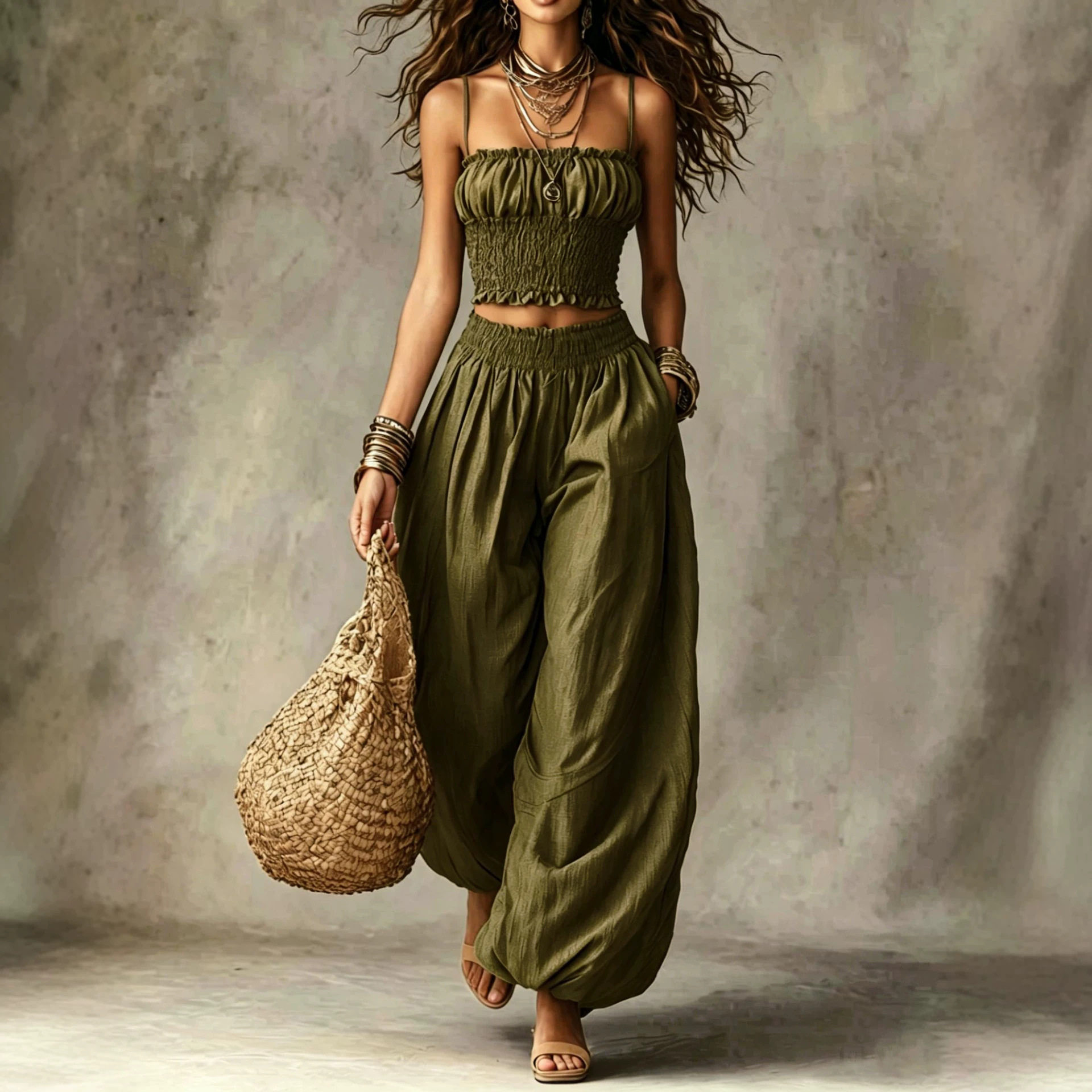 Ensemble 2 pièces tendance pour femme : Haut décontracté à fines bretelles et pantalon lanterne assorti – Tenue estivale