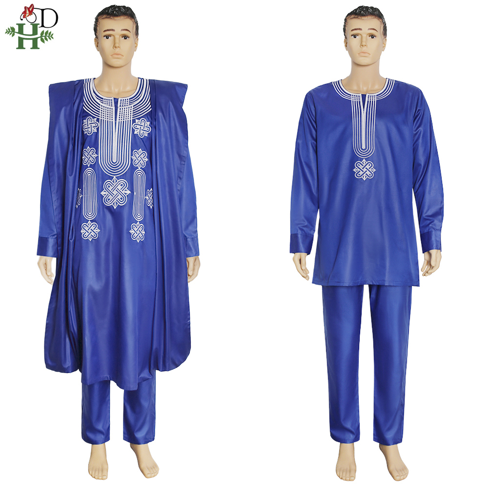 H & D costume africain pour hommes Robe chemise pantalon ensemble à manches longues hauts broderie Agbada vêtements Boubou Africain Homme Robes traditionnelles