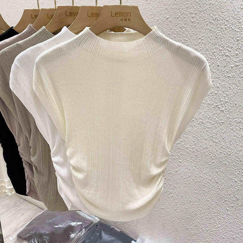 T-shirt en maille de soie glacée Printemps-Été 2026, col semi-montant, effet amincissant, design unique, coupe ajustée, manches courtes, hauts intérieurs