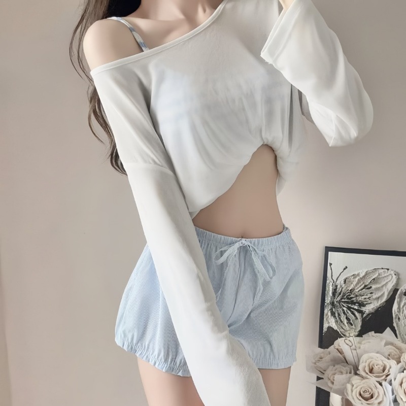 Camisole rayée pour femmes, épaules dénudées, manches longues, couverture en maille, short bleu clair avec cordon de serrage, maillot de bain d'été pour la plage