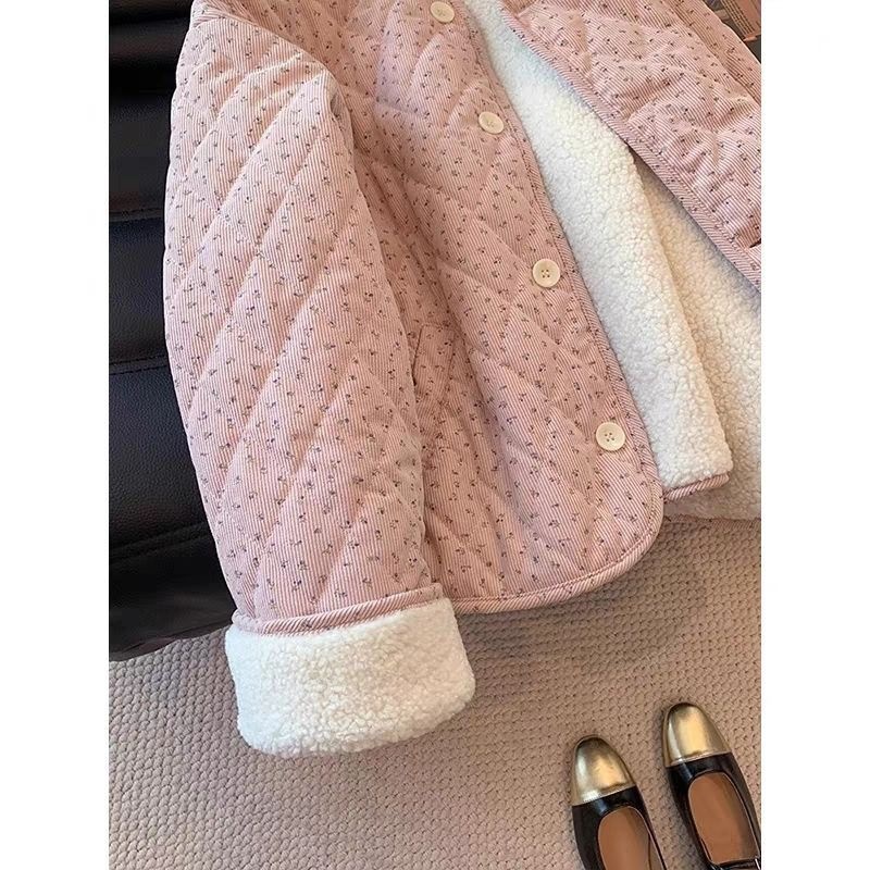 Veste Chic en velours côtelé à fleurs pour femmes, haut coréen en coton à manches longues et col rond, coupe ample, chaud et polyvalent, automne hiver