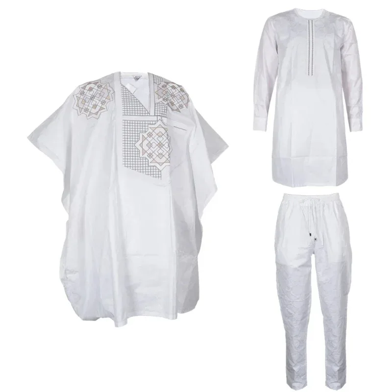 Ensemble de 3 pièces de vêtements africains pour hommes, tenue traditionnelle Dashiki, robe brodée, hauts et pantalons, costumes Bazin, vêtements de mariage musulman