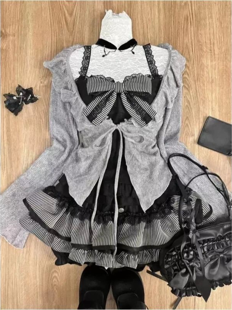 Ensemble jupe 3 pièces style Y2K japonais Kawaii pour femme, tenue vintage Harajuku des années 2000, ensemble chic Lolita avec dentelle, nœud et manches longues