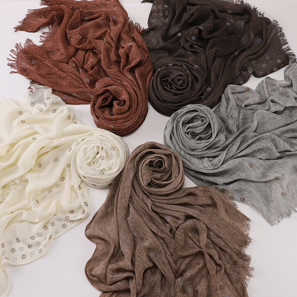 Hijab à texture froissée, écharpe à strass motif tournesol, foulard à franges et pompons, châle doux pour femmes musulmanes, pour usage quotidien.