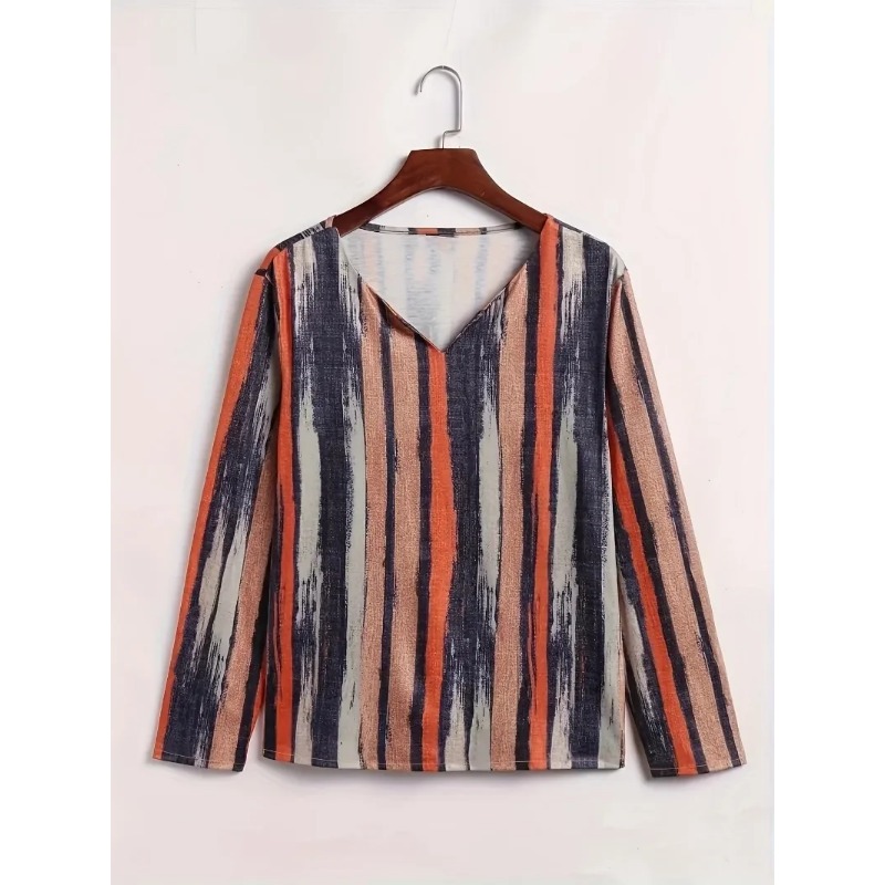 Femmes grande taille 1XL-8XL décontracté confortable à manches longues haut mode col en v rayé respirant T-shirt femmes