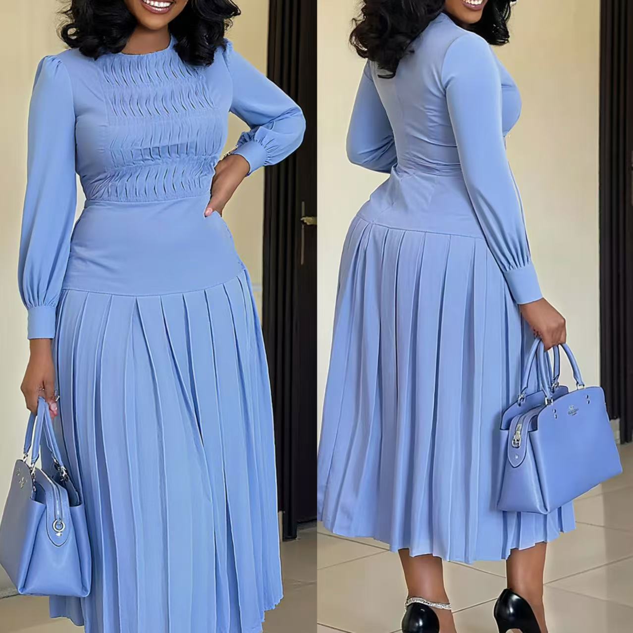 Robe longue plissée unie à manches longues et taille haute, coupe ajustée, nouvelle collection été 2025 pour femme