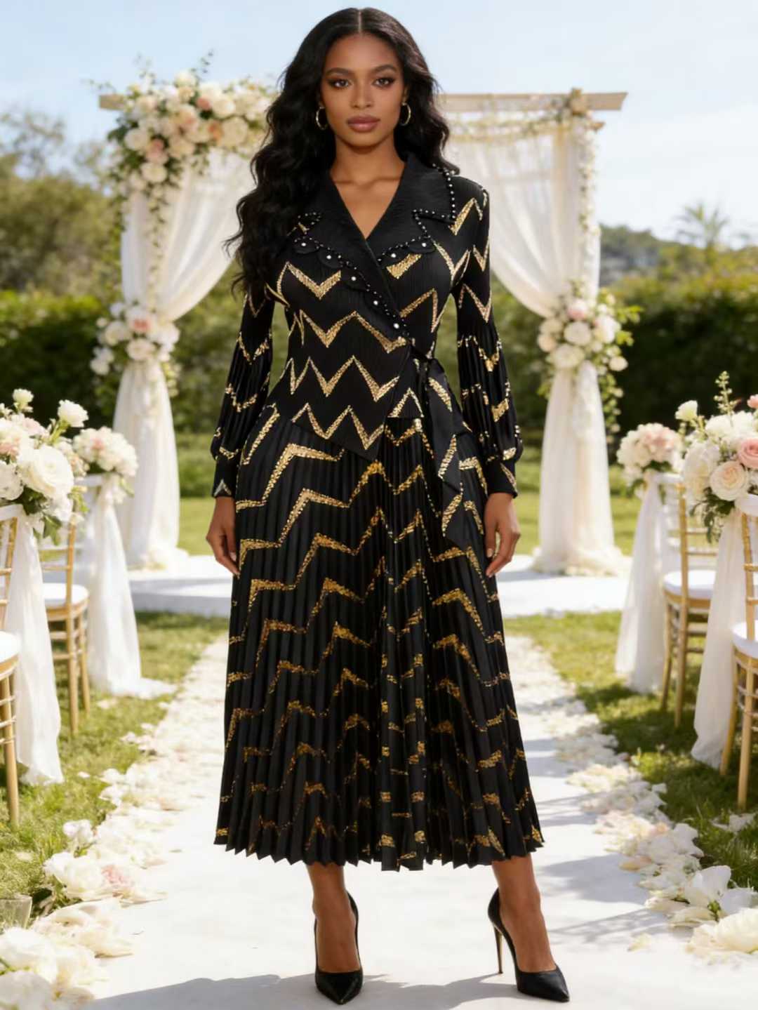 Robe Grande Taille Plissée Longue Miyaki avec Ceinture à Nouer, Style Socialite Élégant et Décontracté Amincissant, Demi-Cardigan Estampillé Or, Tendance Transfrontalière, Vente Chaude