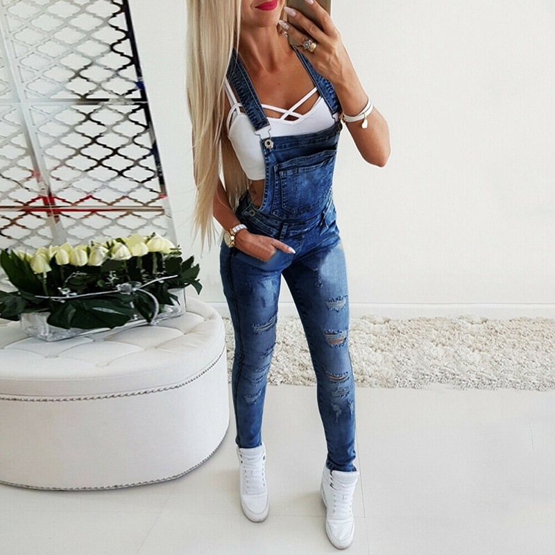 Europe et états-unis mode Y mot large bande Sexy bretelles pantalon femmes quatre saisons nouveau lavé déchiré Denim combinaison