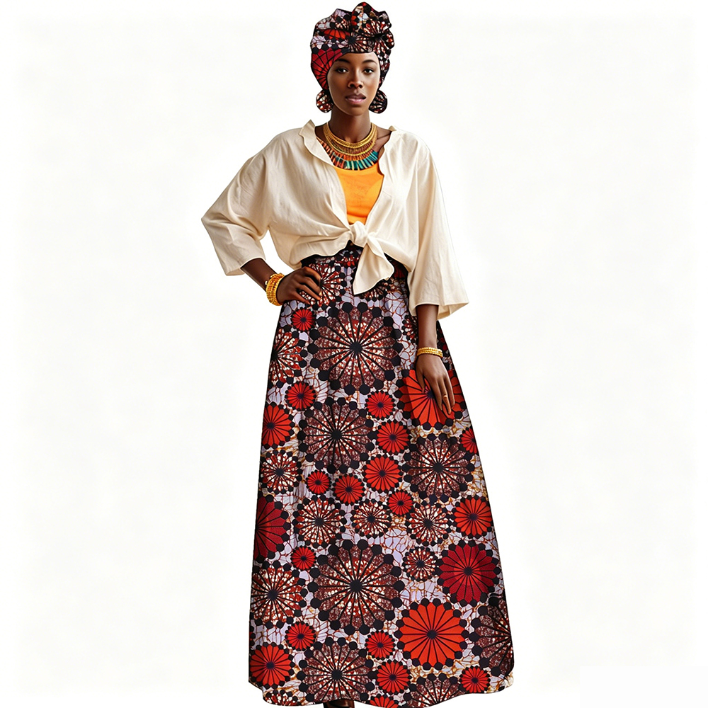 Costumes africains pour femmes, jupe longue à taille haute à imprimé géométrique ethnique bohème, avec foulard et boucles d'oreilles, jupe décontractée tribale