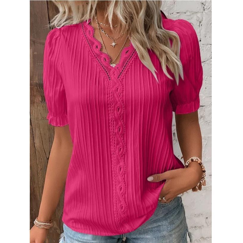 Femmes élégantes Blouse chemise col en V dentelle Patchwork chemises à manches courtes pour les femmes été montre de sport blanc