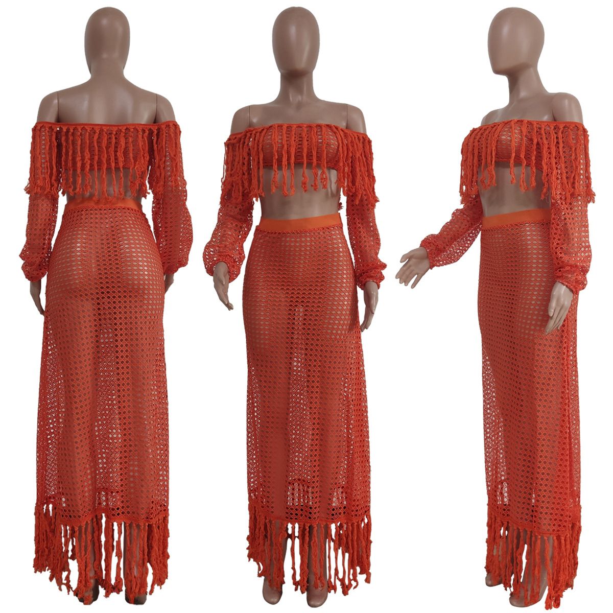 Ensemble deux pièces en tricot pour femmes, jupe longue fendue, taille haute, col en Y, mince, amissié, élégant, dame, plage
