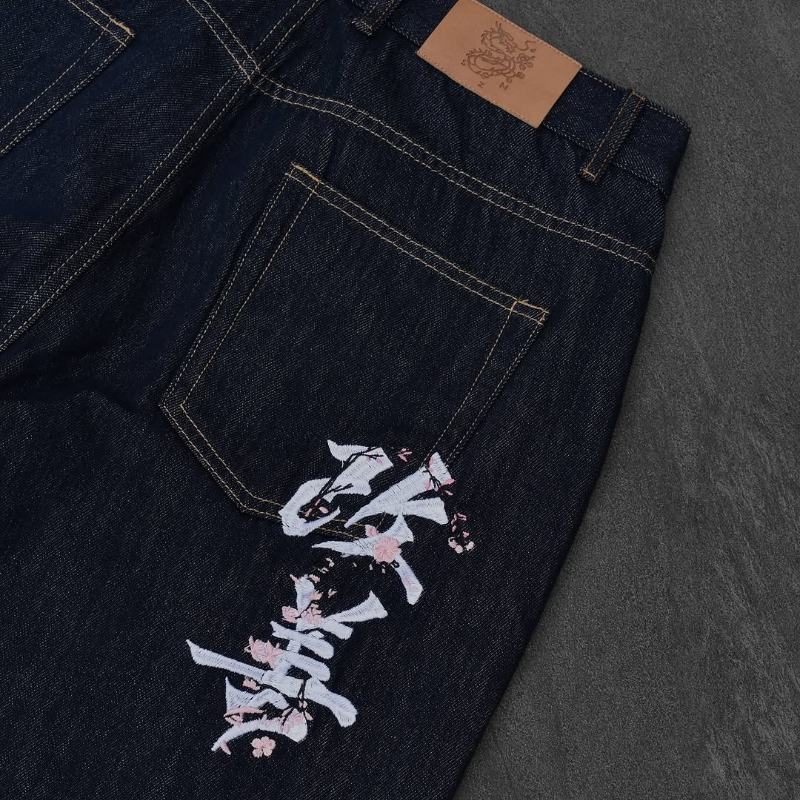 Jeans baggy unisexe hip hop tissés Fromszn, style Y2K rétro, broderie d'art, jeans noirs, Harajuku, patchwork lavé, pantalon large