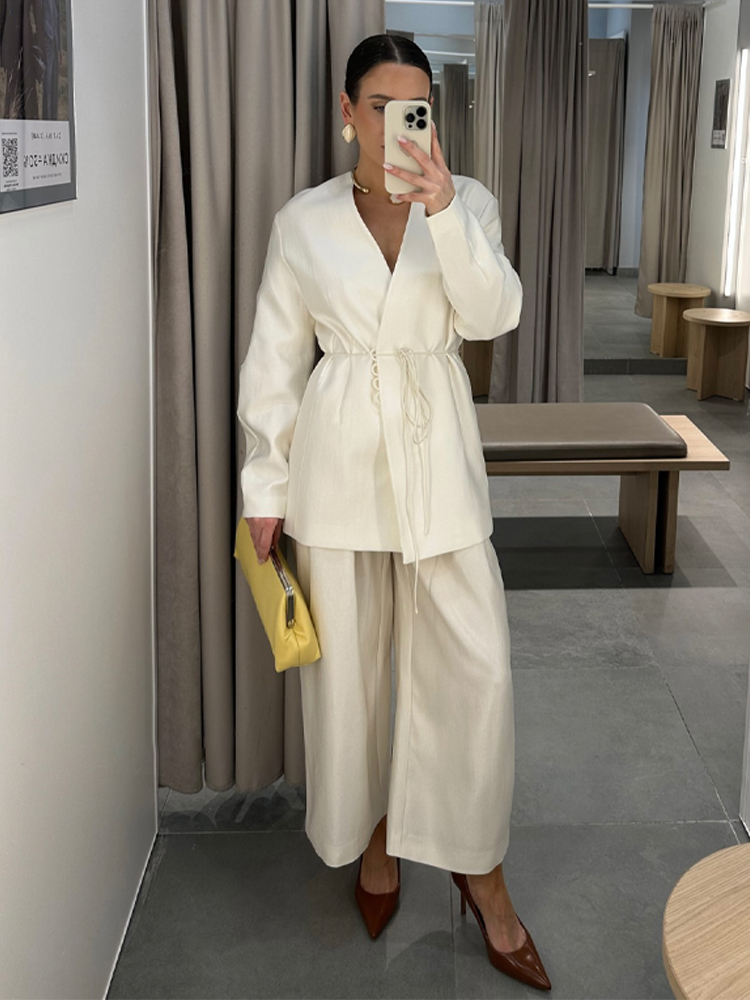 Ensemble de vêtements pour femmes tendance, manteau à col en V, manches longues, ceinture, lacets, pantalon large, ensembles unis pour femmes, nouvelle collection printemps 2026, costume décontracté pour femme