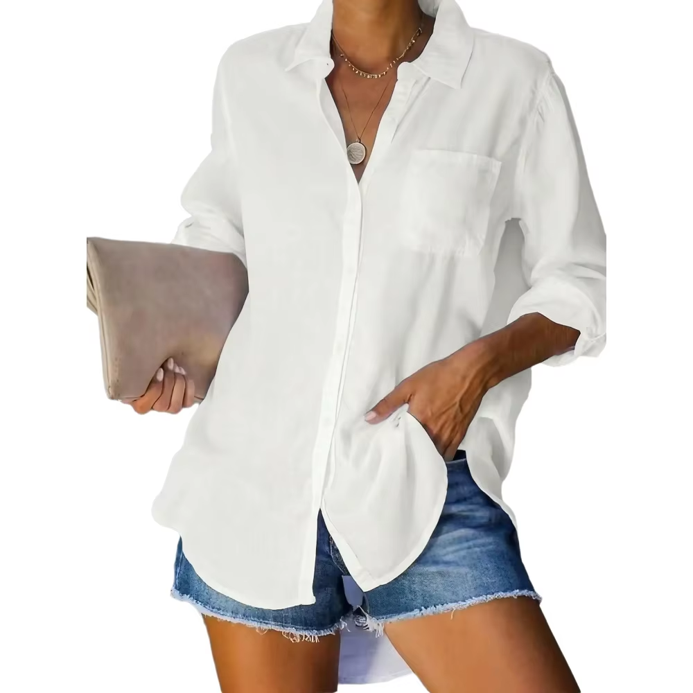 Style basique uni, décontracté et quotidien — Haut à manches longues, col et boutons (blanc) — Printemps