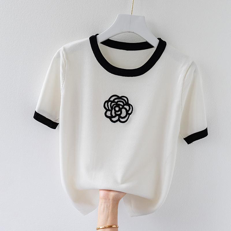 T-shirt tricoté pour femmes, broderie de fleurs d'été, vêtements de luxe de styliste, hauts Slim, T-shirt court à manches courtes pour femmes