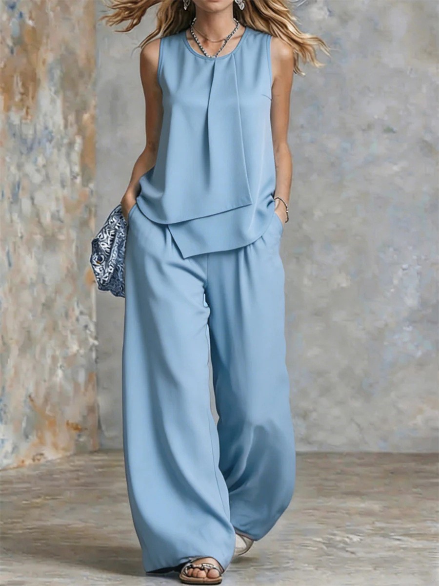 Ensemble 2 pièces pour femme, été, uni, sans manches, haut superposé asymétrique, pantalon taille haute à jambes larges, élégant, décontracté, pour le bureau