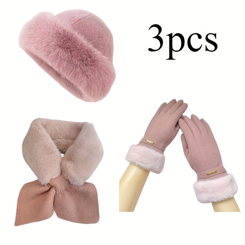 Ensemble de trois accessoires d'hiver pour femmes comprenant des gants en velours épais, des écharpes et des chapeaux adaptés aux températures froides
