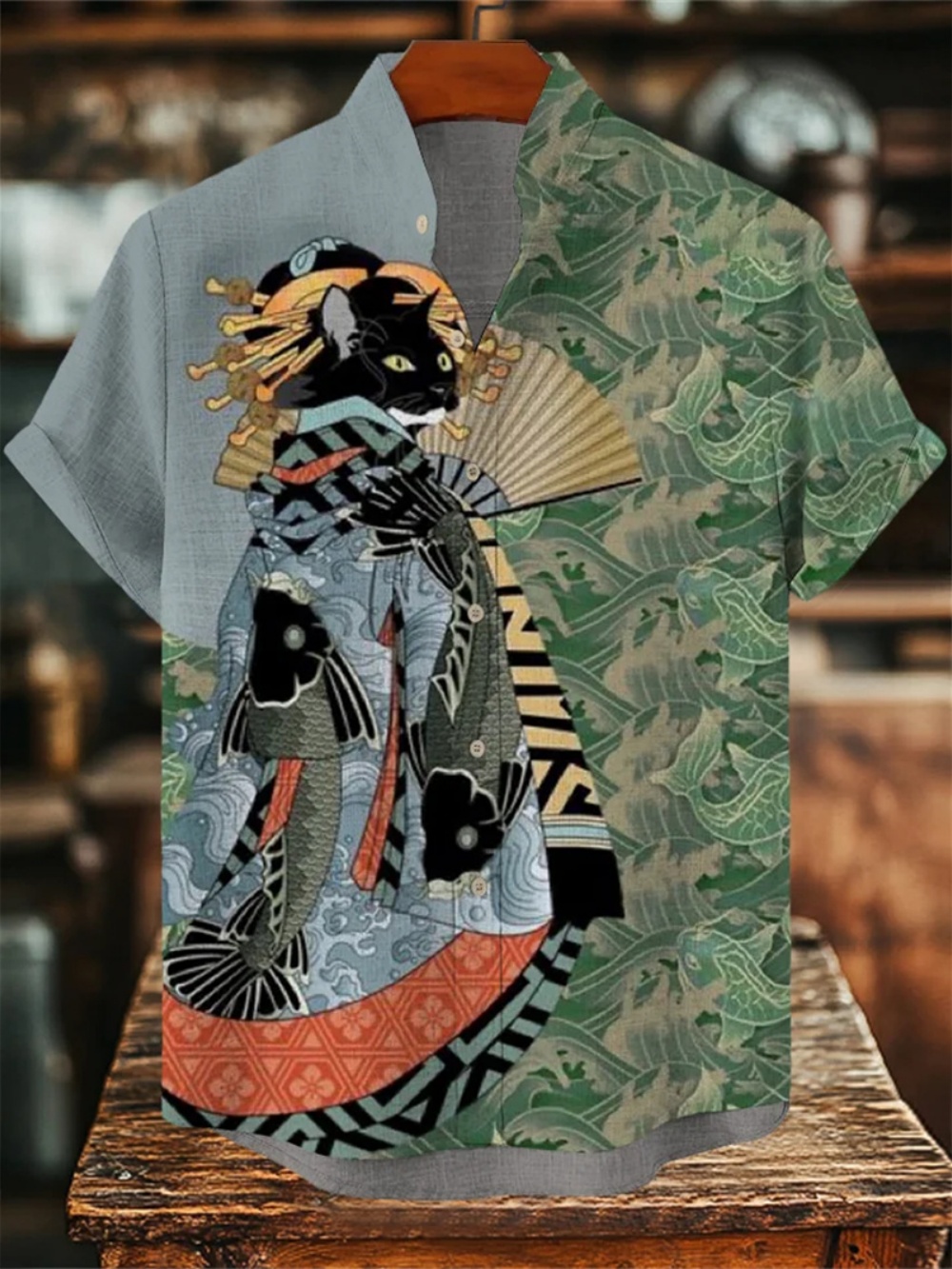 Chemise rétro en lin pour hommes, Kimono imprimé chat noir samouraï, manches courtes, vêtements respirants pour fêtes sociales, nouveau Style 2025