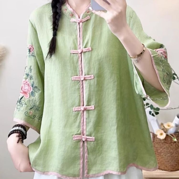 Été nouveaux hauts rétro couleur contrastée coton et lin brodé ethnique vent Blouse manches évasées Cardigan chemise pour les femmes