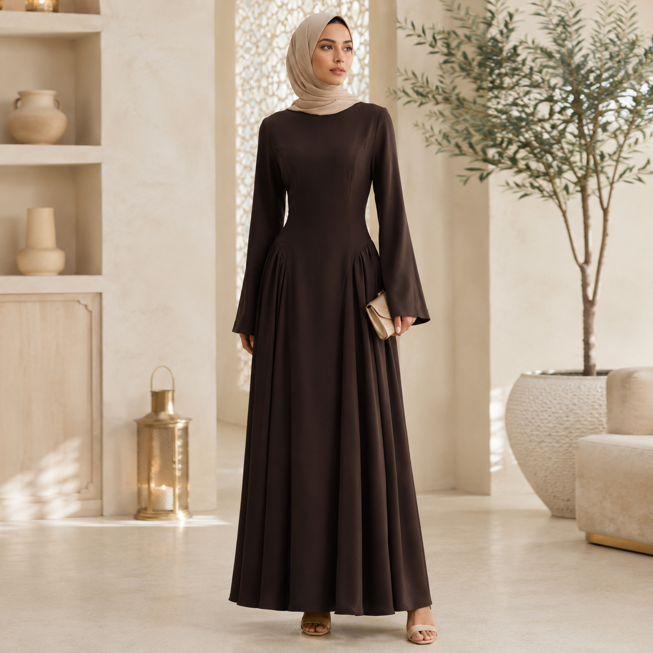 Robe Abaya Musulmane Modeste d'Été à Lacets au Dos et Fronces Latérales, Coupe Ajustée, Manches Longues Évasées, Robe Hijabi Élégante, Vêtement Islamique