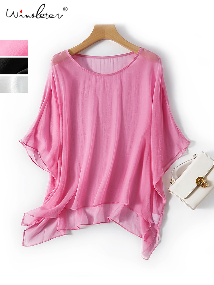 Winsleter, t-shirt 100% soie véritable, demi-manches en soie Georgie véritable pour femmes, Cape résistante au soleil, hauts d'été, livraison directe T36425JM