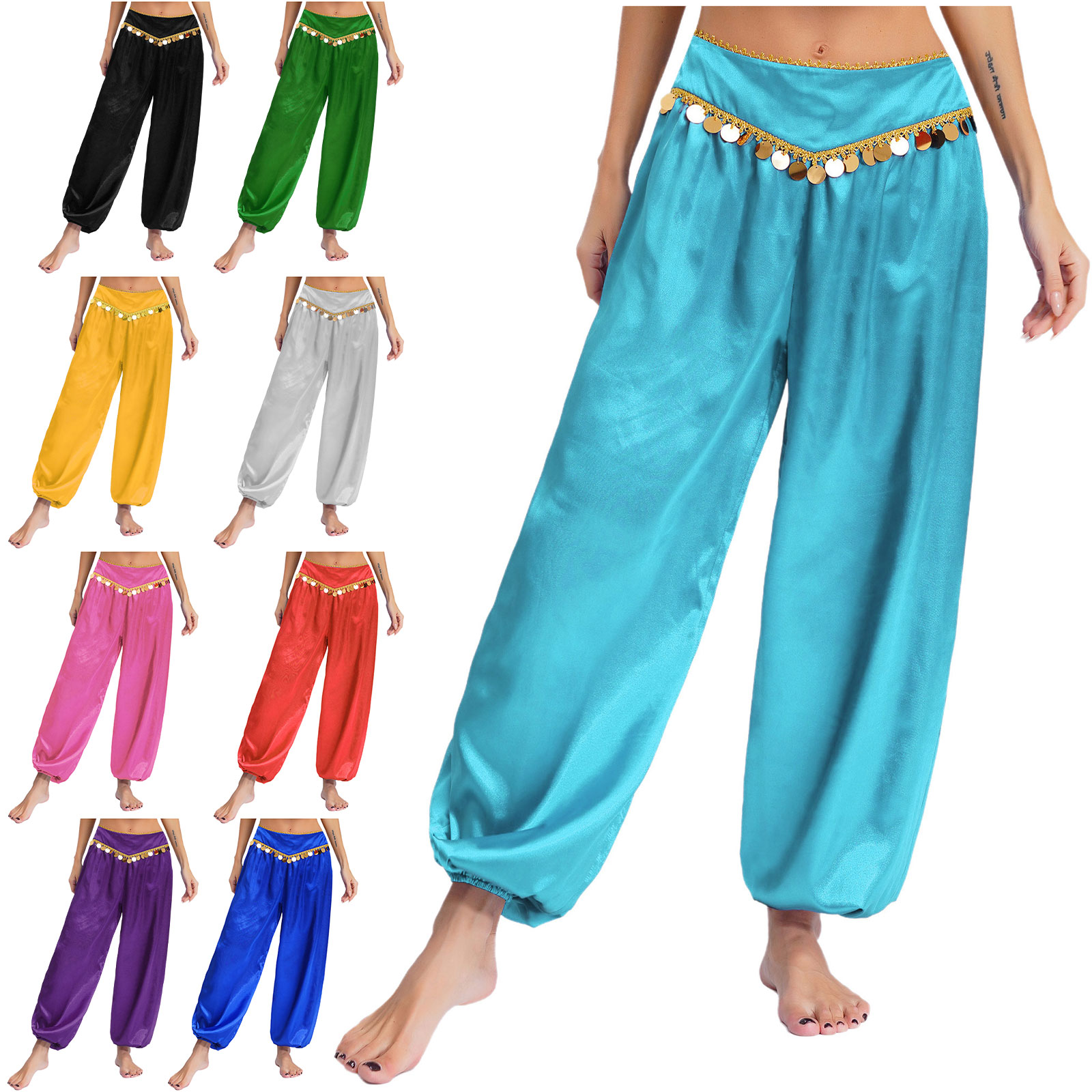 Pantalon de danse orientale indienne pour femmes, style harem, costume de princesse arabe pour cosplay, taille basse, orné de sequins, idéal pour une fête d’Halloween.