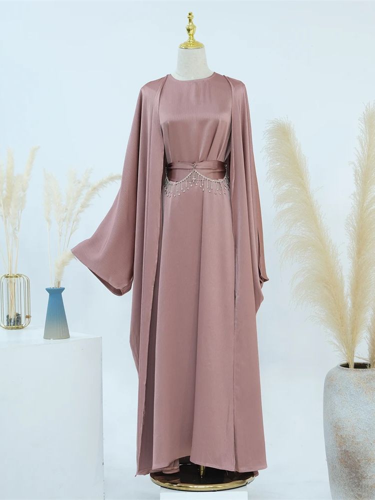 Ramadan Satin 2 pièces Abaya dubaï ensemble de luxe avec chaîne vêtements de prière musulmane femmes robes Caftan Marocain Robe Femme Musulmane