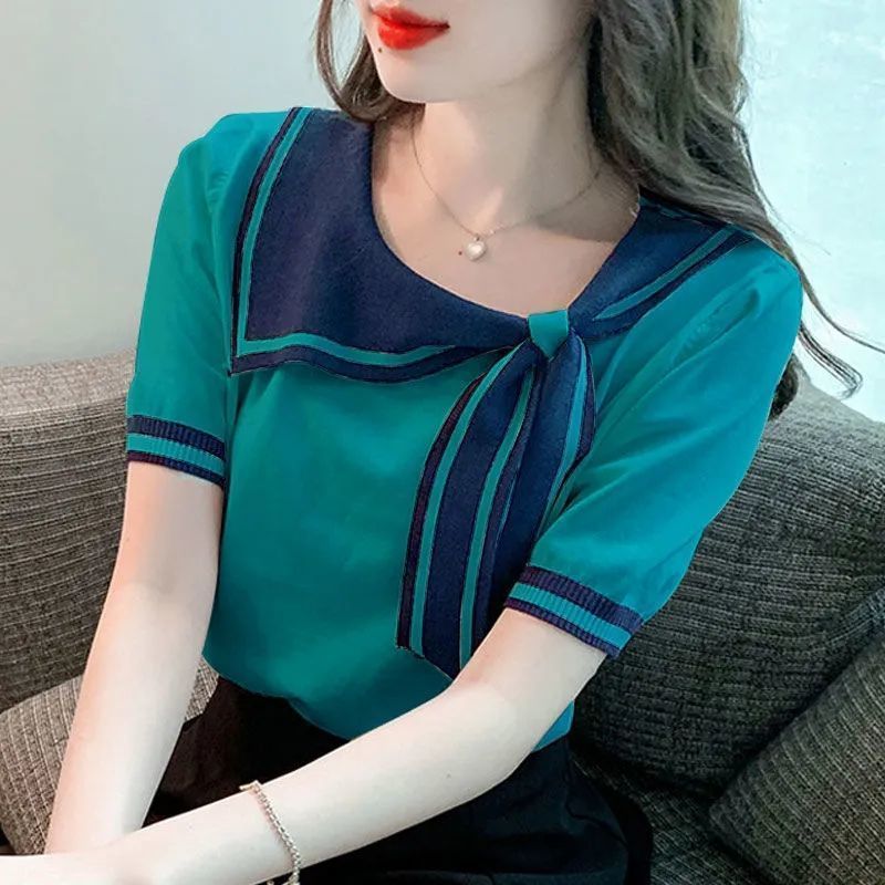T-shirt décontracté à manches courtes pour femmes, col écharpe, pull tout match, vêtements pour femmes, doux, nouveau, mode, printemps, été
