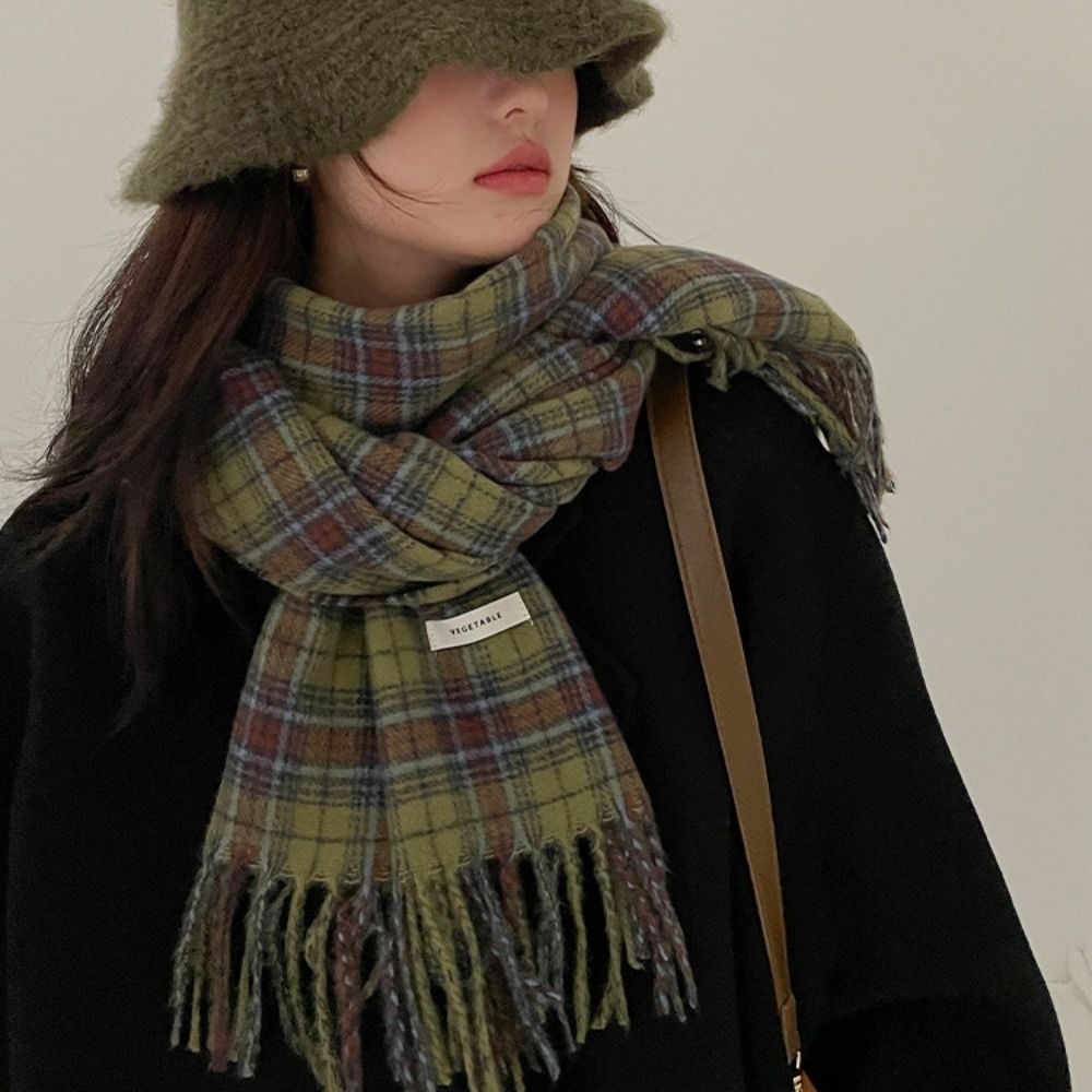 Gland Plaid laine écharpe en peluche rétro vert Long châle Style coréen foulards laine foulards hiver cachemire foulards femmes/hommes