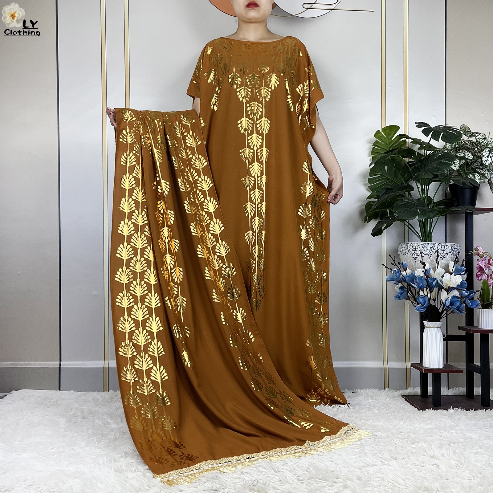 Robe en coton à manches courtes pour femmes, boubou à estampage doré, robe Maxi Islam avec grande écharpe, vêtements Abaya africains, été, nouveau, 2023