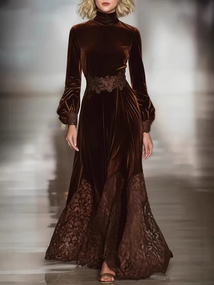 Robe longue en velours pour femmes, élégante, Vintage, couleur unie, col roulé, ourlet en dentelle, taille haute, ligne a, robes de soirée, printemps automne