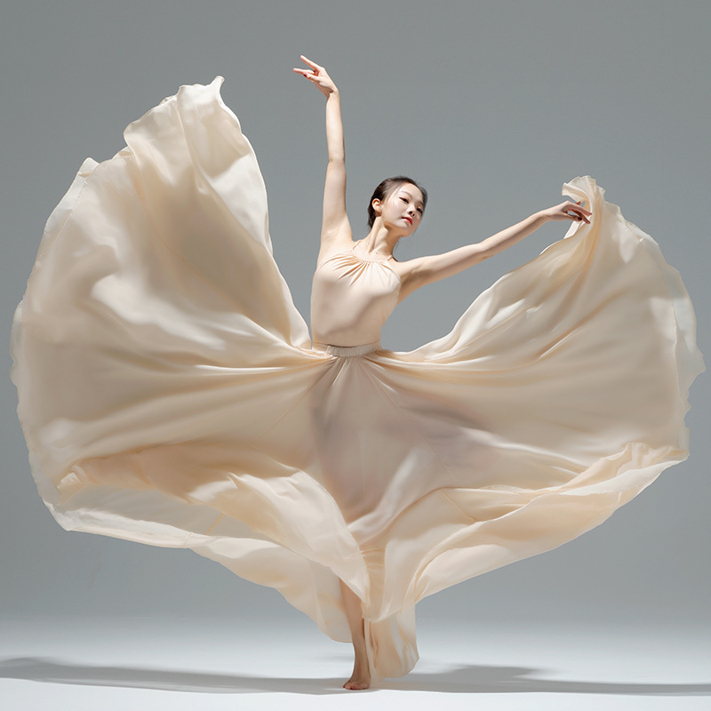 Jupe Double en mousseline de soie pour femmes, doublure pour spectacle sur scène, jupes à grand ourlet, danse carrée, taille élastique, jupes Maxi trapèze élégantes