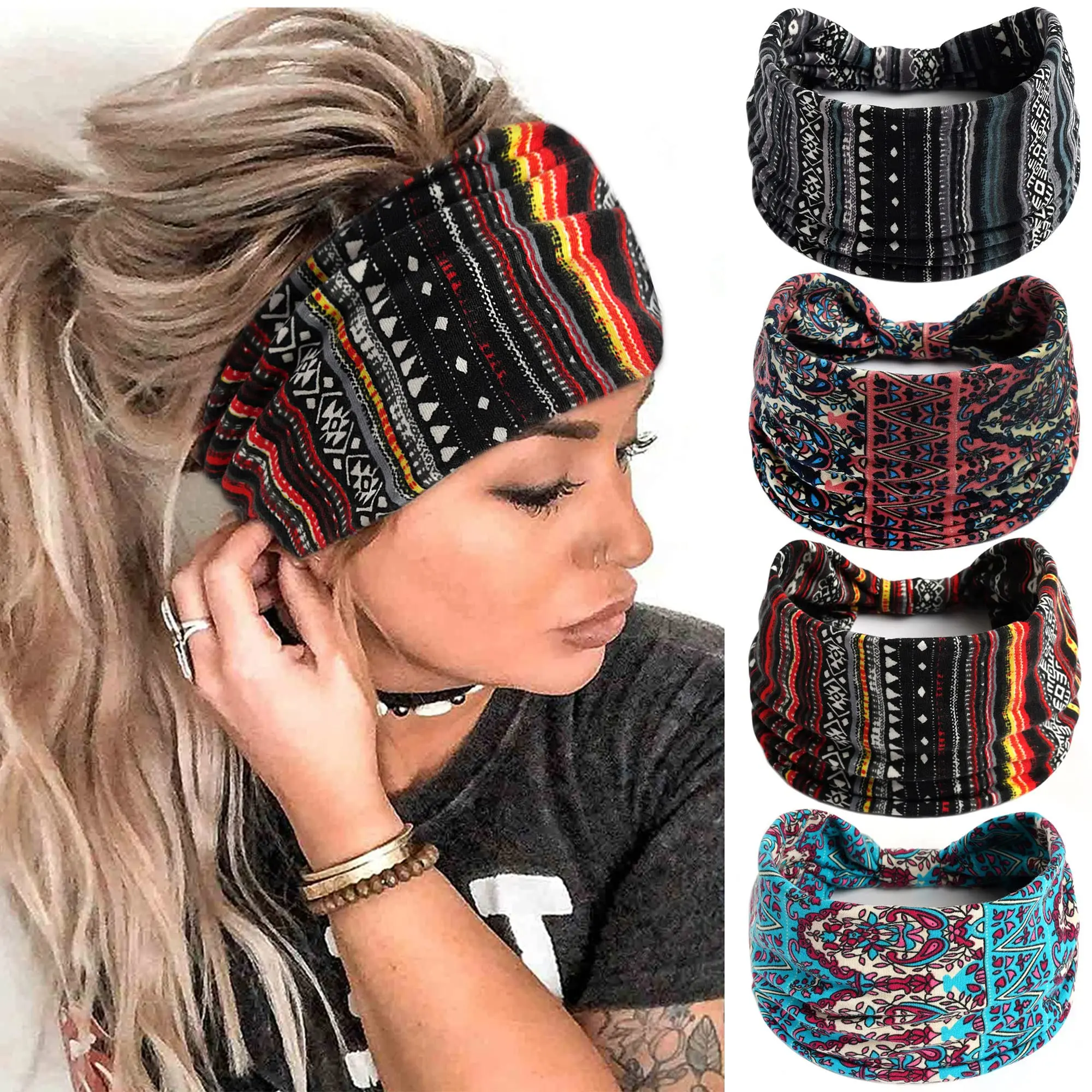 Grands bandeaux pour femmes à pois noués bandeau Turban Yoga entraînement bandeaux Boho Stretch coton Bandana cheveux accessoires