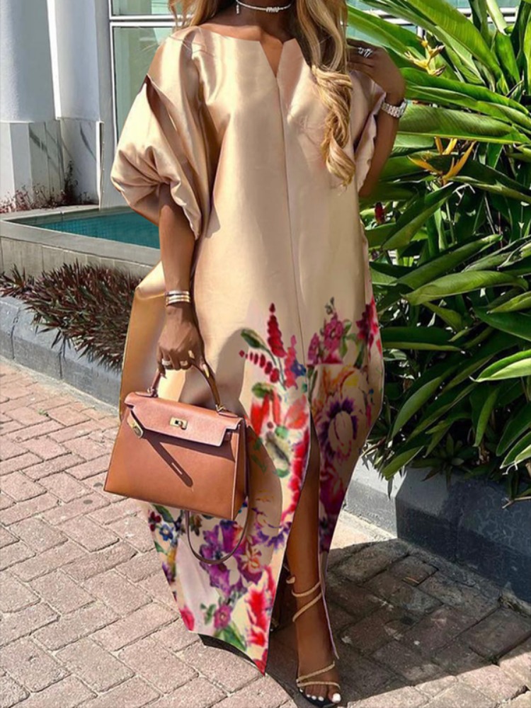 Robe longue décontractée en satin pour femme, imprimé floral, col en V, manches bouffantes, élégante pour soirées et fêtes, collection été 2026