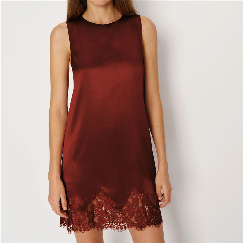 Robe en dentelle de soie pour femmes, robe décontractée en satin, robe ample sans manches, col rond, haut long et fluide, robe élégante pour femmes, mini-robe