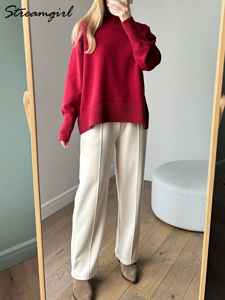 Hiver bordeaux pull femmes col roulé chaud pulls hauts en tricot marron pulls femmes surdimensionné épais basique femmes chandails