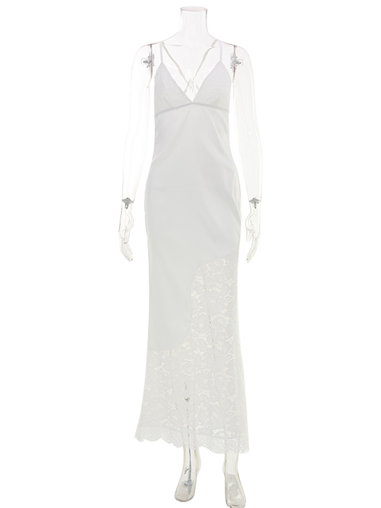 Robes longues sexy en dentelle patchwork pour femmes, sans manches, col en V, élégantes, pour club, tenues moulantes pour rendez-vous galants, coupe ajustée
