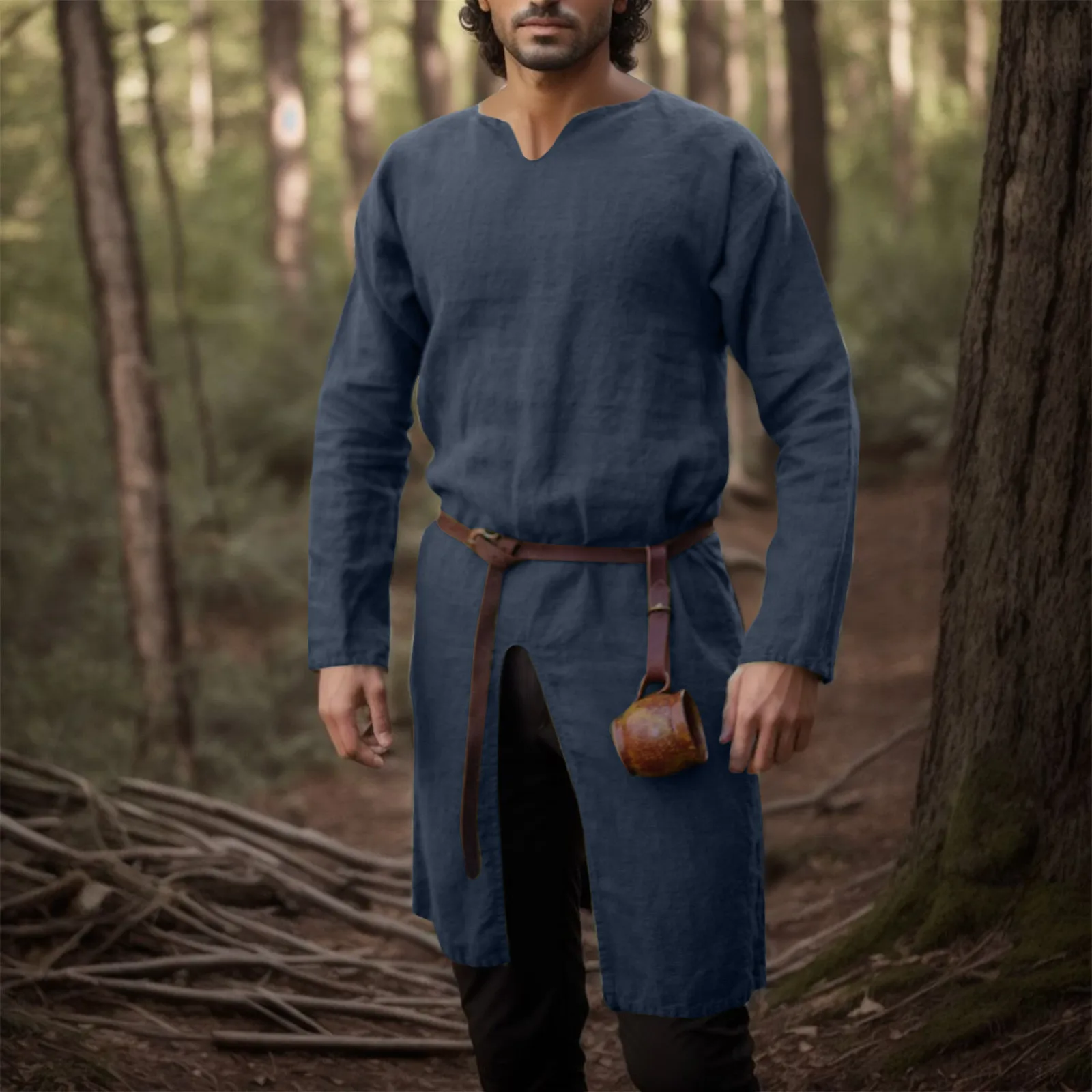 Chemise en lin rétro de la Renaissance médiévale, tunique longue pour hommes, vestes Vintage, Costumes de Cosplay de chevalier Vikings Pirate