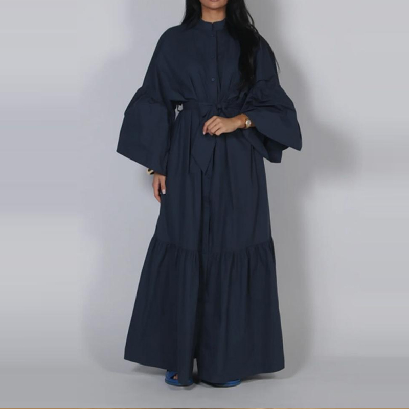 Robe longue plissée décontractée pour femme, style vintage, à manches lanternes, col rond, taille haute, avec boutons et lien, idéale pour le quotidien