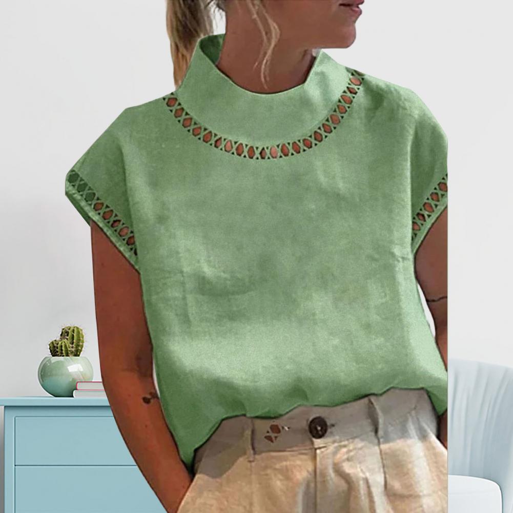 Femmes décontracté col rond coton lin Blouses printemps évider épissage bureau haut été à manches courtes en vrac Vintage vêtements chemises