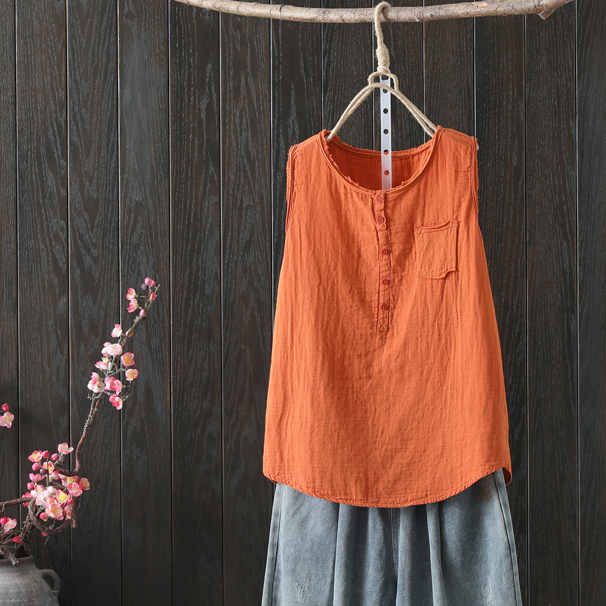 Débardeur en coton pour femmes, mode japonaise, T-Shirts amples sans manches, hauts Mori Girl, chemises décontractées boutonnées, été