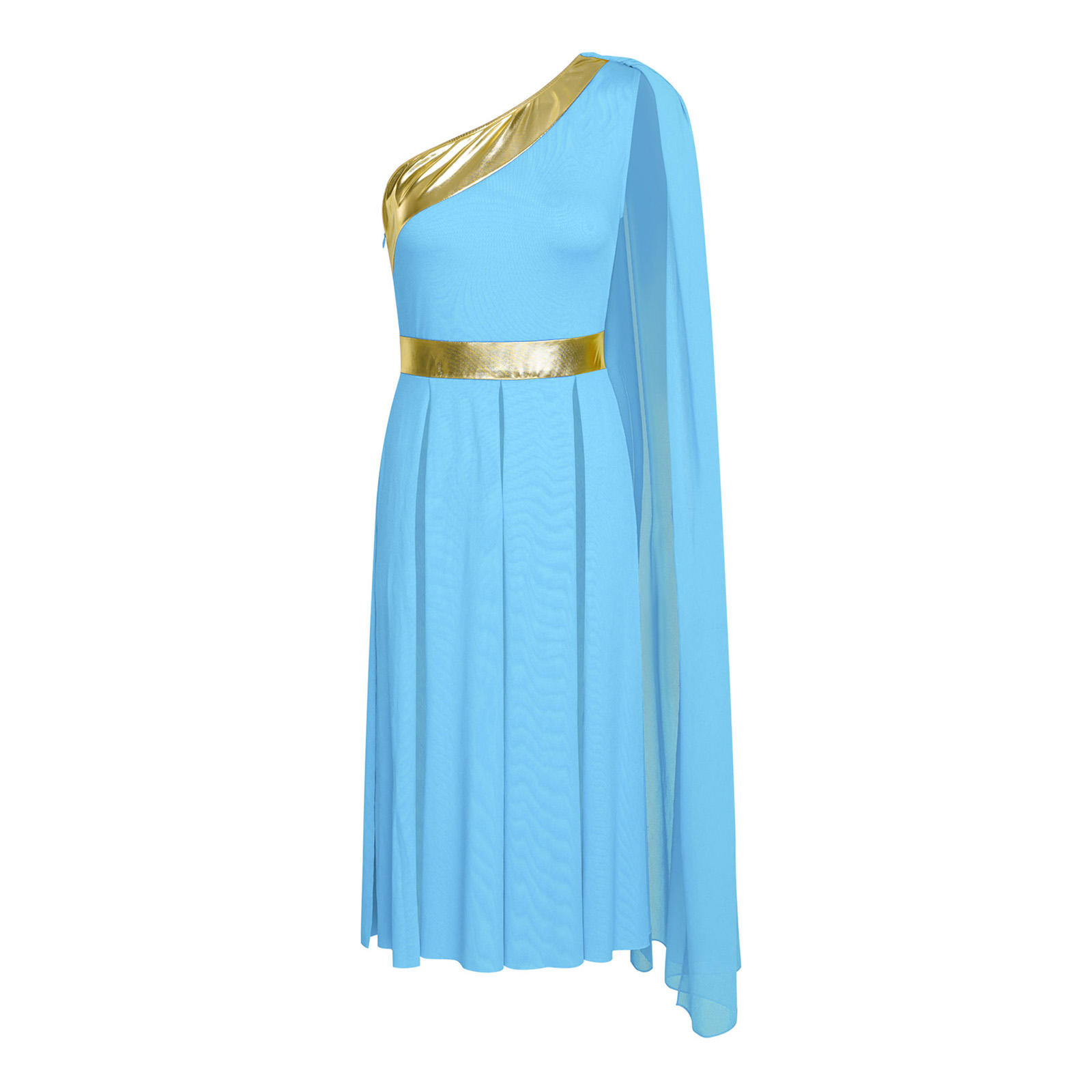 Costume de spectacles de danse de Ballet pour femmes, robe tunique asymétrique épaule dénudée avec drapé, ourlet fendu métallique brillant