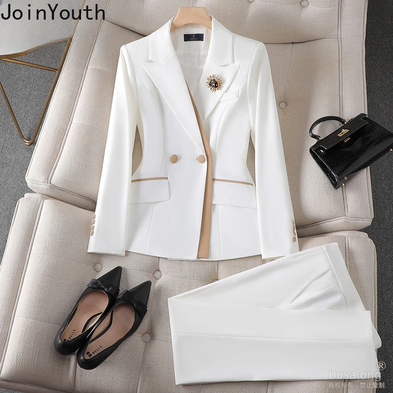 Tempérament coréen costume mode pantalon tenues deux pièces ensembles à manches longues tunique manteau taille haute pantalon droit ensemble Roupas Femme