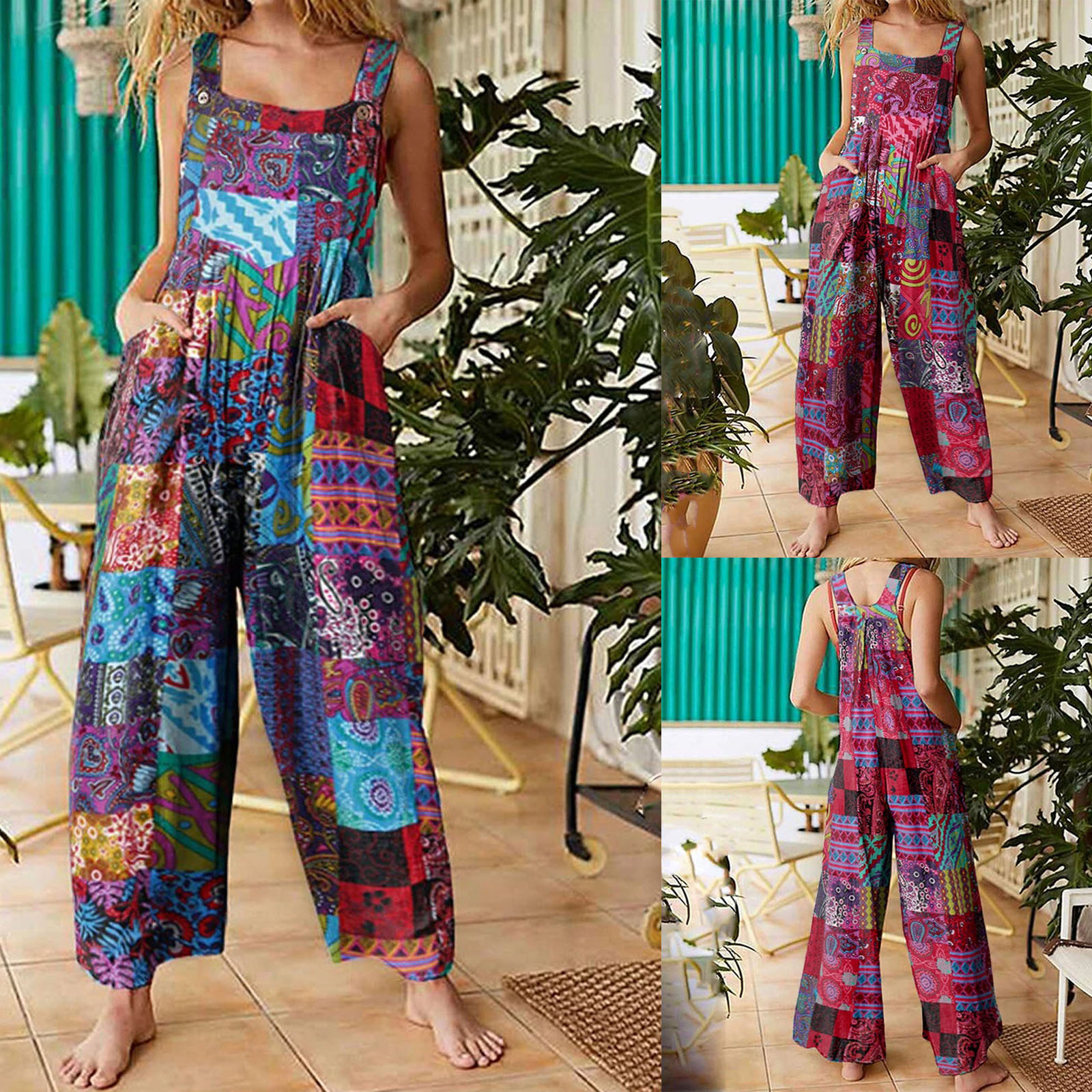 Combinaisons de style ethnique pour femmes, salopette d'été multicolore à col carré, barboteuses en fibre décontractées avec poches pour filles, combishort