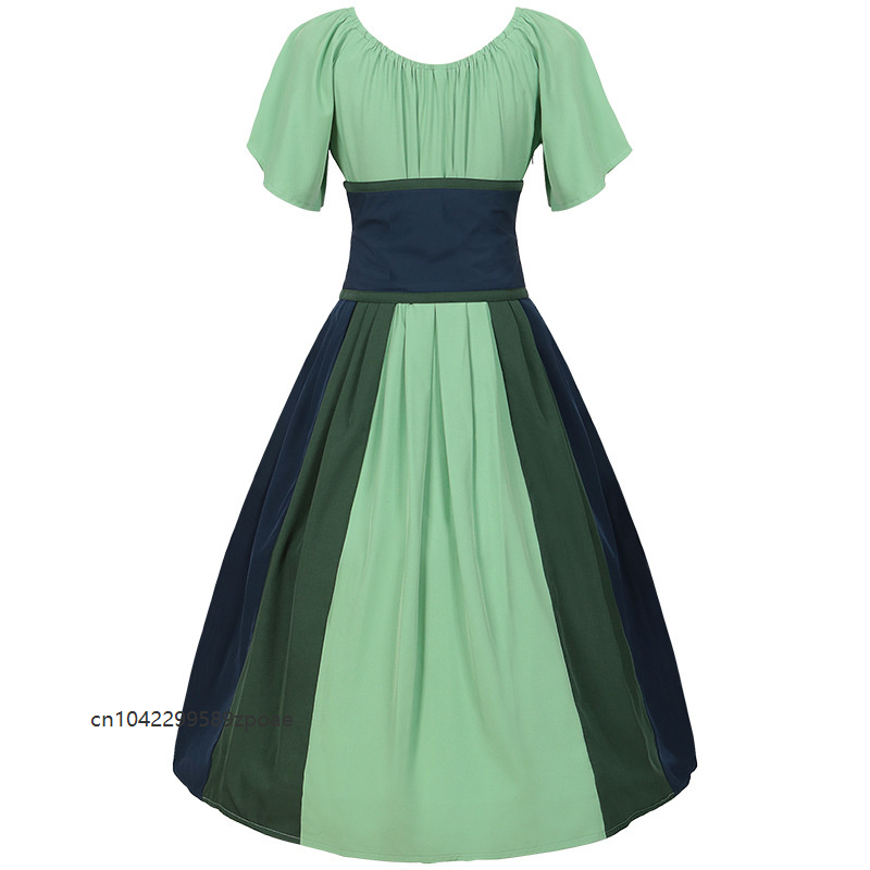 Robe de soirée pour femme, style médiéval rétro, à col unique, avec manches volantées en dentelle, patchwork et couleurs contrastées, pour Halloween