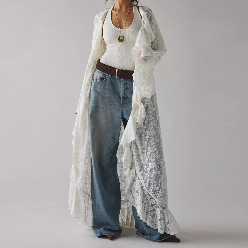 Kimono long en dentelle blanche à volants pour femme, manches longues, devant ouvert, dentelle florale, style bohème, pour vacances d'été, plage