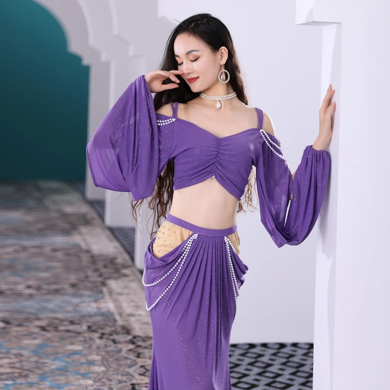 Costume de danse du ventre sexy pour femme, manches longues, haut et jupe, entraînement, trempée, performance, ensemble financièrement, surintendant de danse, tenue PE, 2 pièces