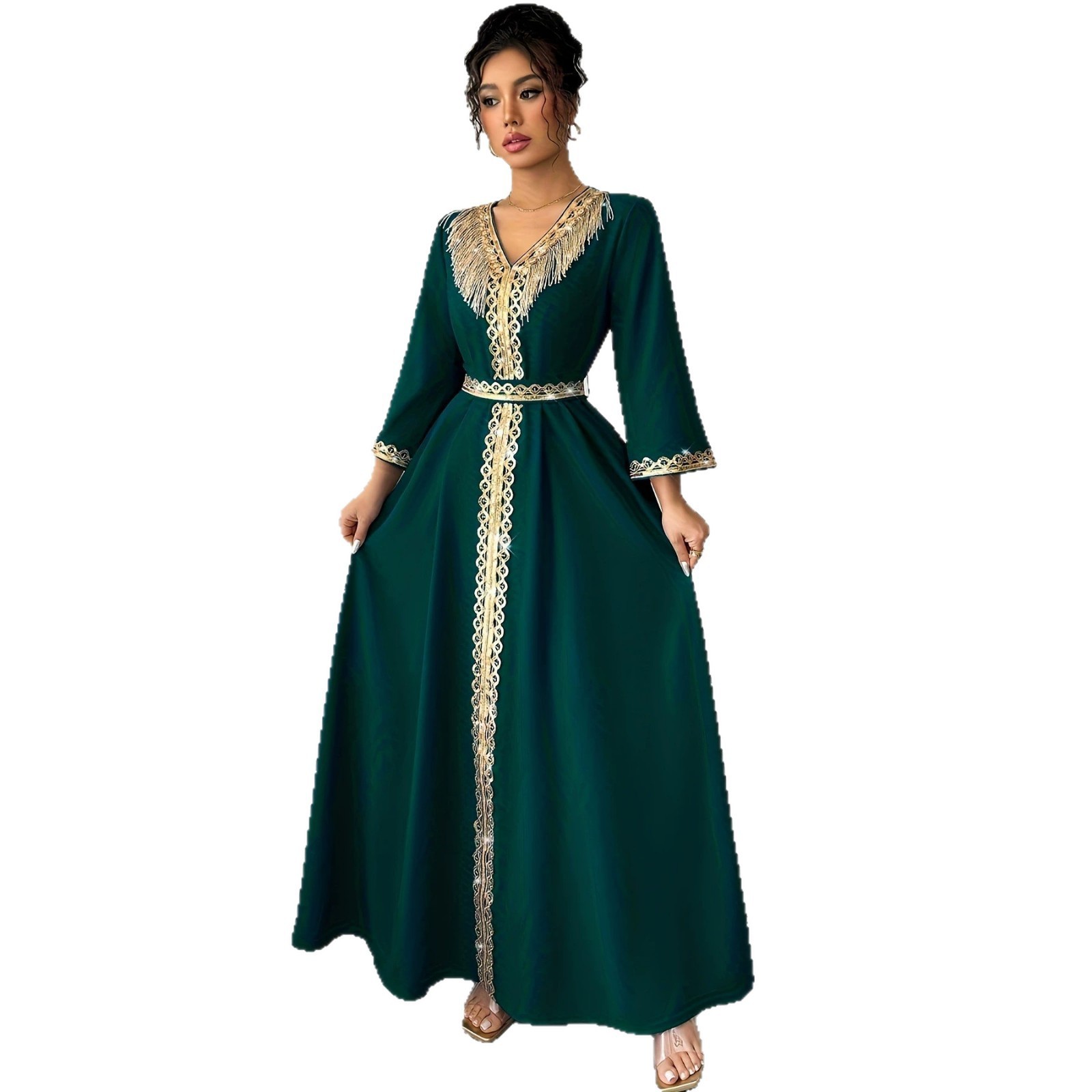 Élégant Kaftan Abaya Marocain pour Femmes, Robe Longue Modeste Dorée à Franges Brodées, Col en V, Ceinturée, pour Soirées et Fêtes Islamiques à Dubaï