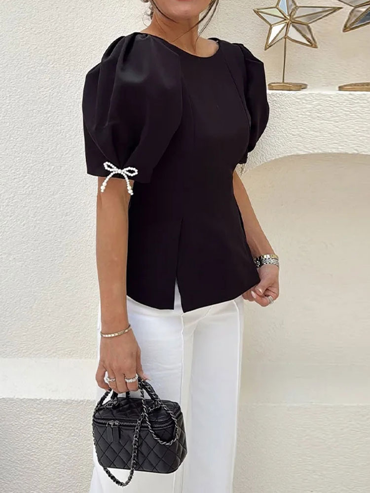 HH Femme T-shirt Noir Élégant Vintage à Col Rond, Manches Bouffantes et Nœud, Coupe Ajustée, Dos Nu, pour l'été, décontracté, les vacances et les soirées
